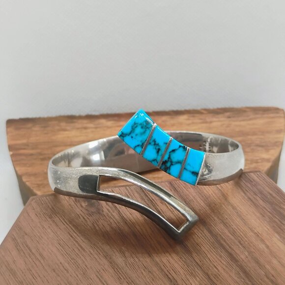 Vtg Mexico 950 Silver Inlay Turquoise Hinged Cuff Bracelet 57.6 g - Picture 3 of 9